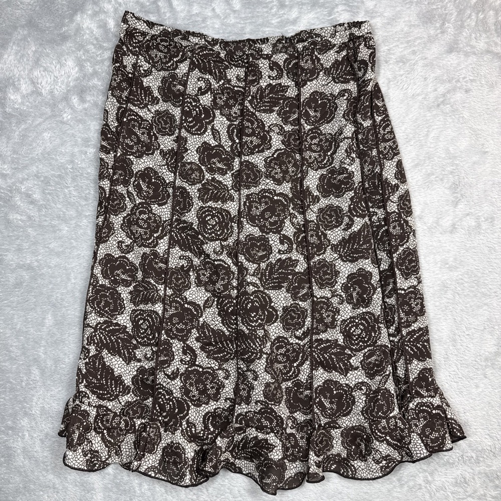 Vintage‎ Floral Skirt Brown 8P Flowy Pleated Midi Cottage Core Lace 90s